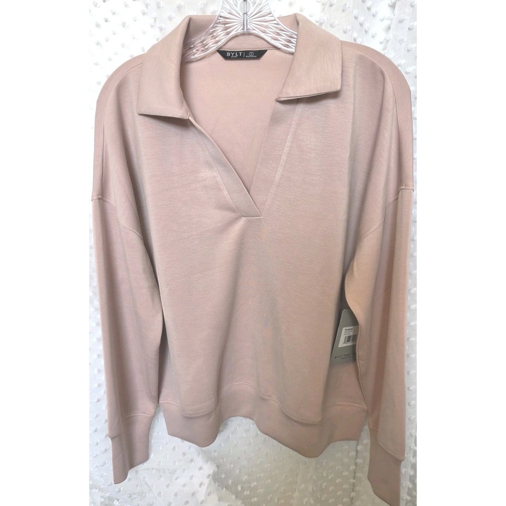 Women's BYLT Opal Relaxed Polo In Rosewater  Medium Pullover Top NWT Sweatshirt